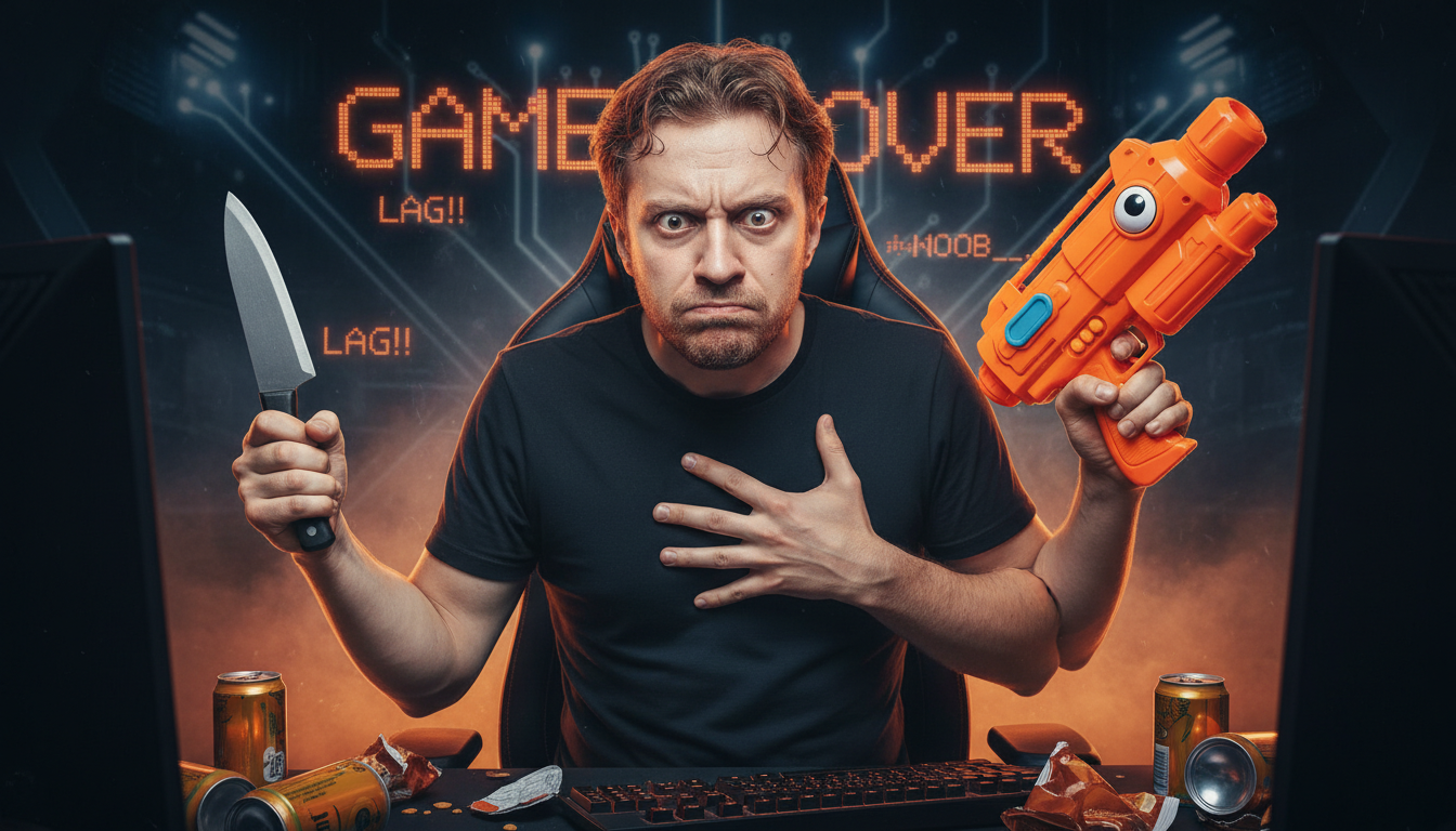 Comically serious portrait of Mykola 'Chuchuka' Huenko, looking confused with a pistol.