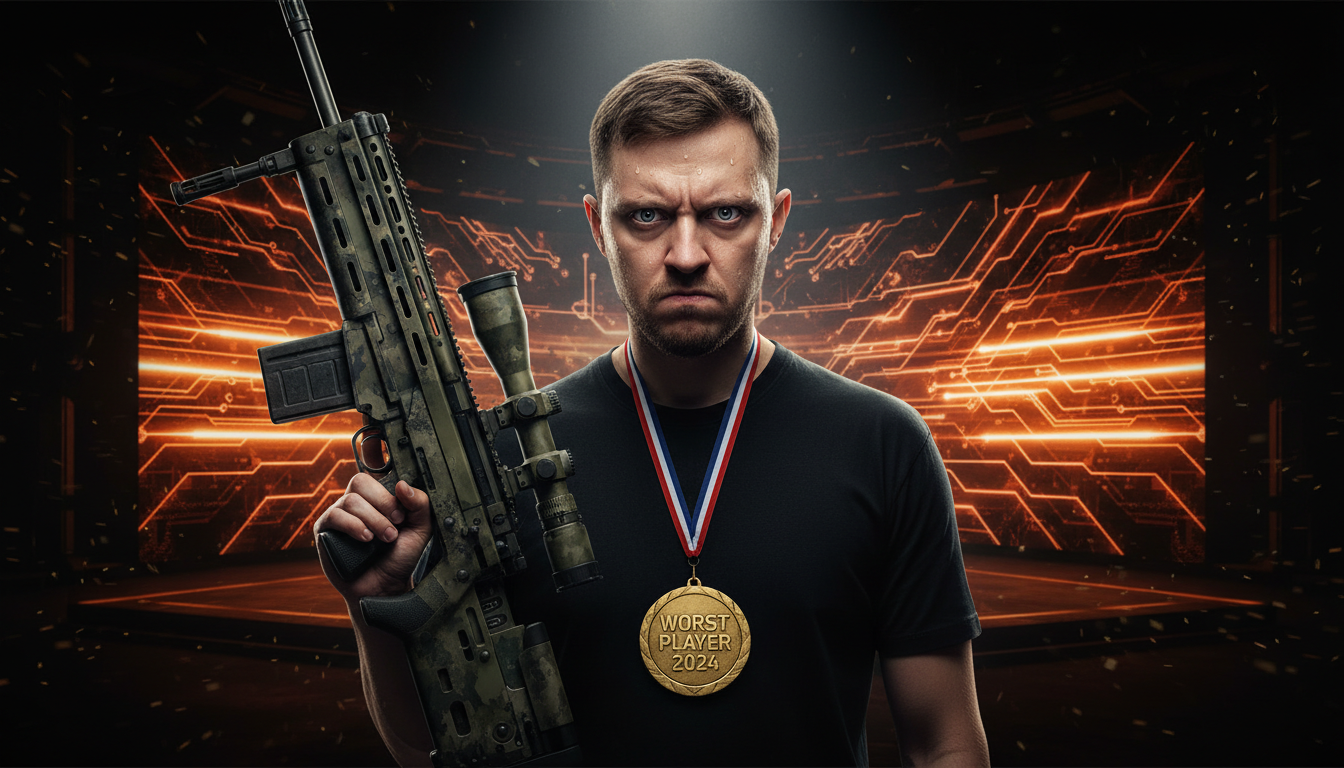 Comically serious portrait of Vitaliy 'Superkot' Zalupenko, holding an AWP incorrectly.