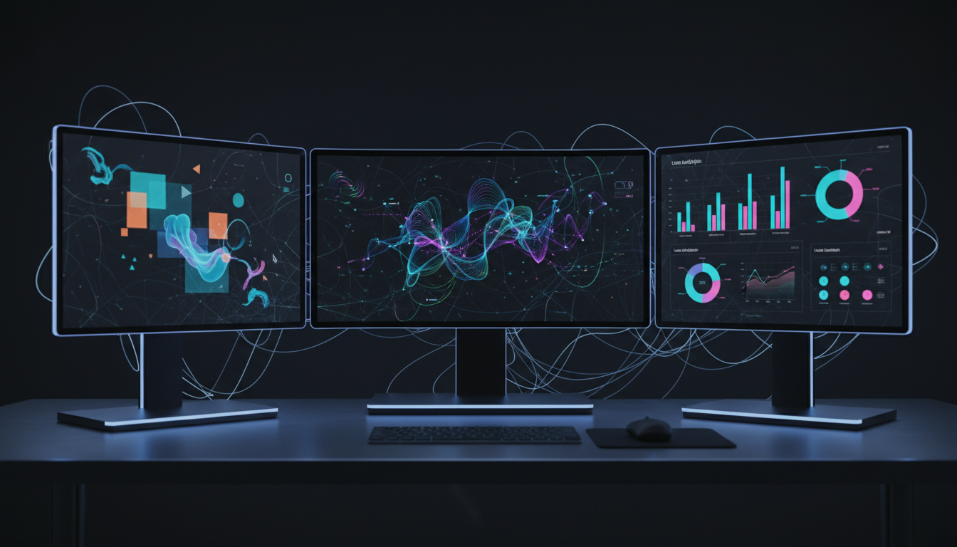 Close-up of a dynamic web interface on multiple screens, showing data visualization and creative des