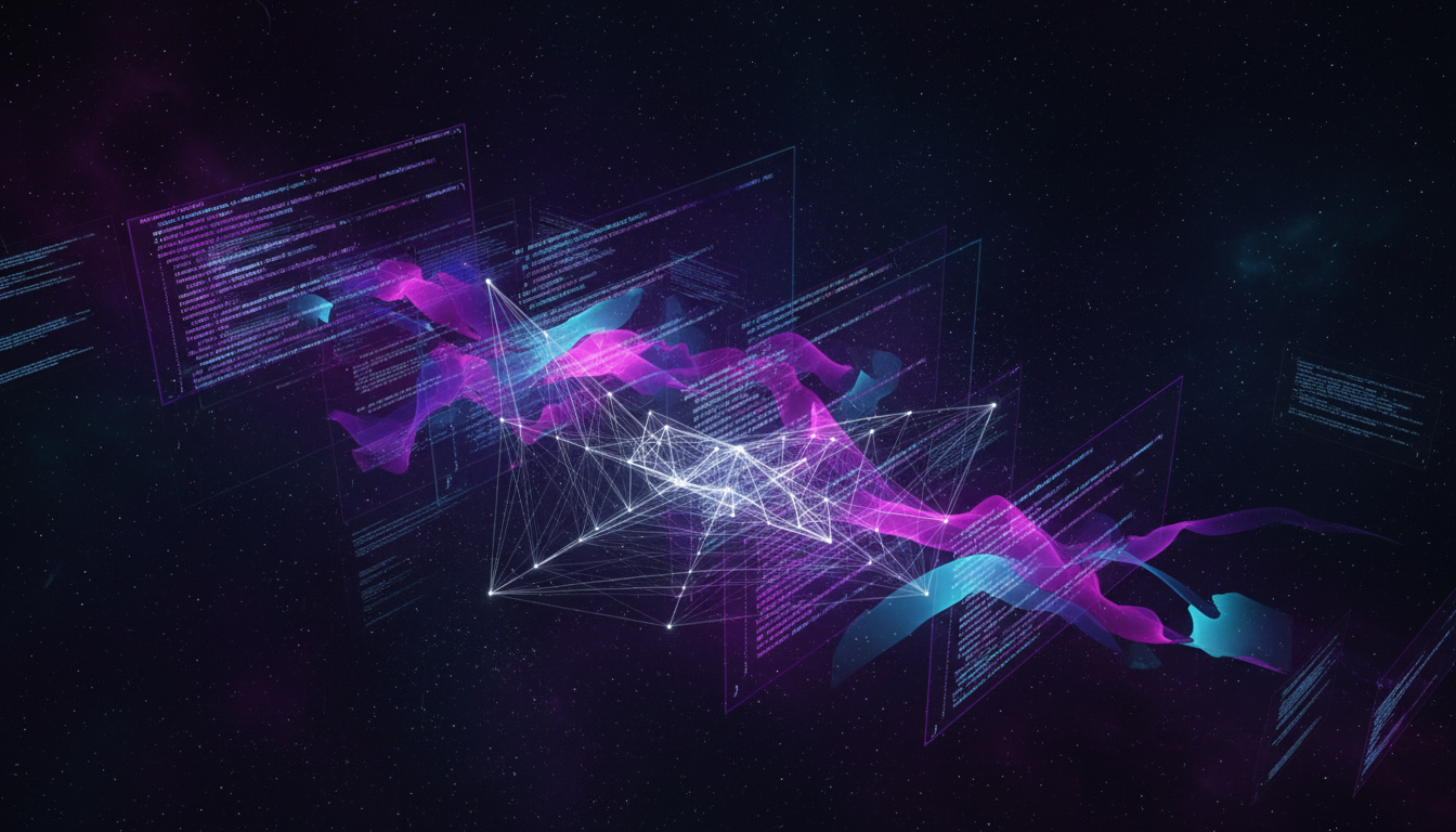 Creative web development concept, showing code snippets layered with abstract graphic elements. Dark