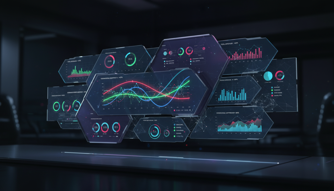 Futuristic UI dashboard displaying analytics data with sleek, dark visuals and vibrant data points.