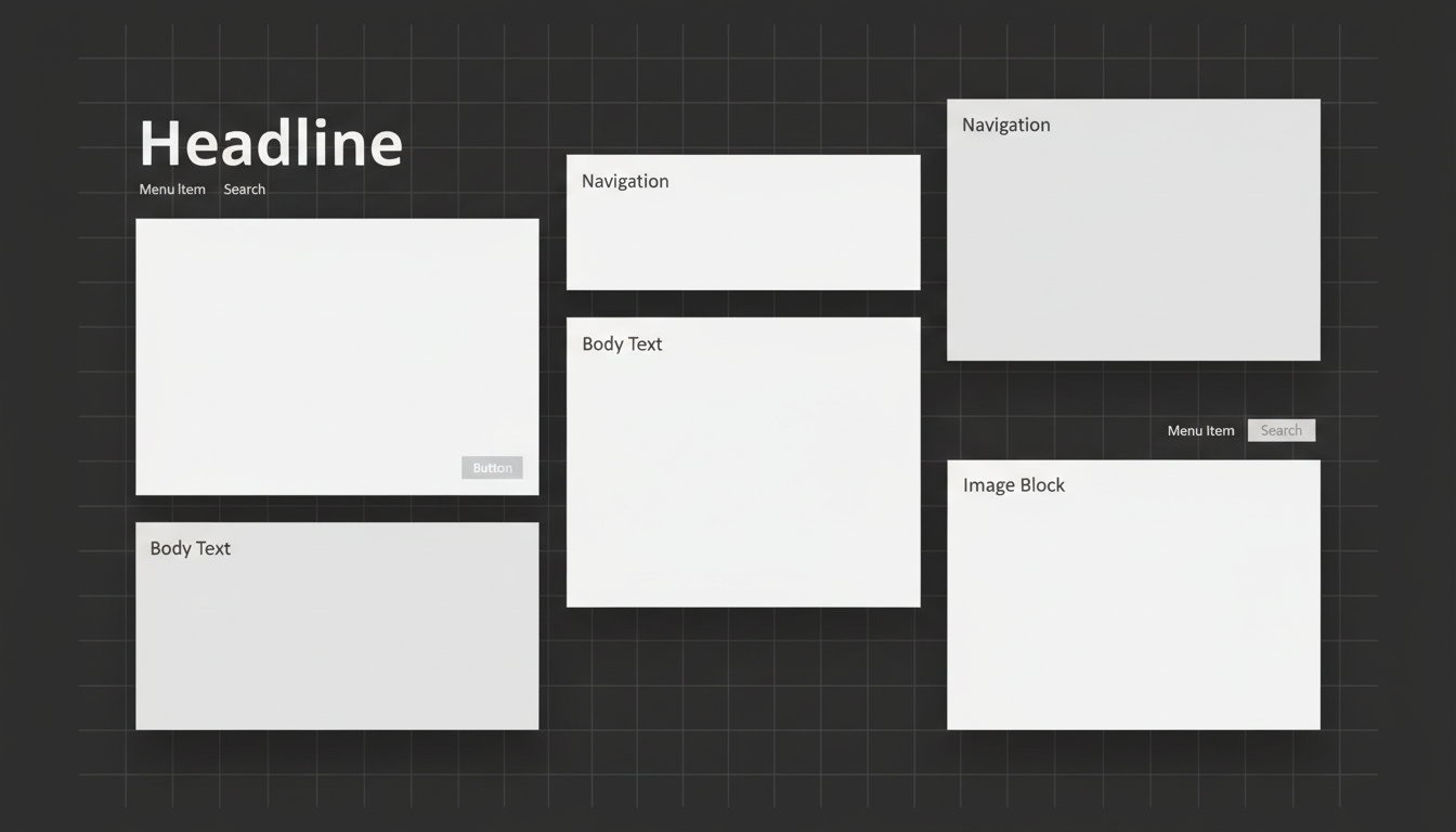 Minimalist web design wireframe on a dark background, showcasing clean typography and spatial arrang