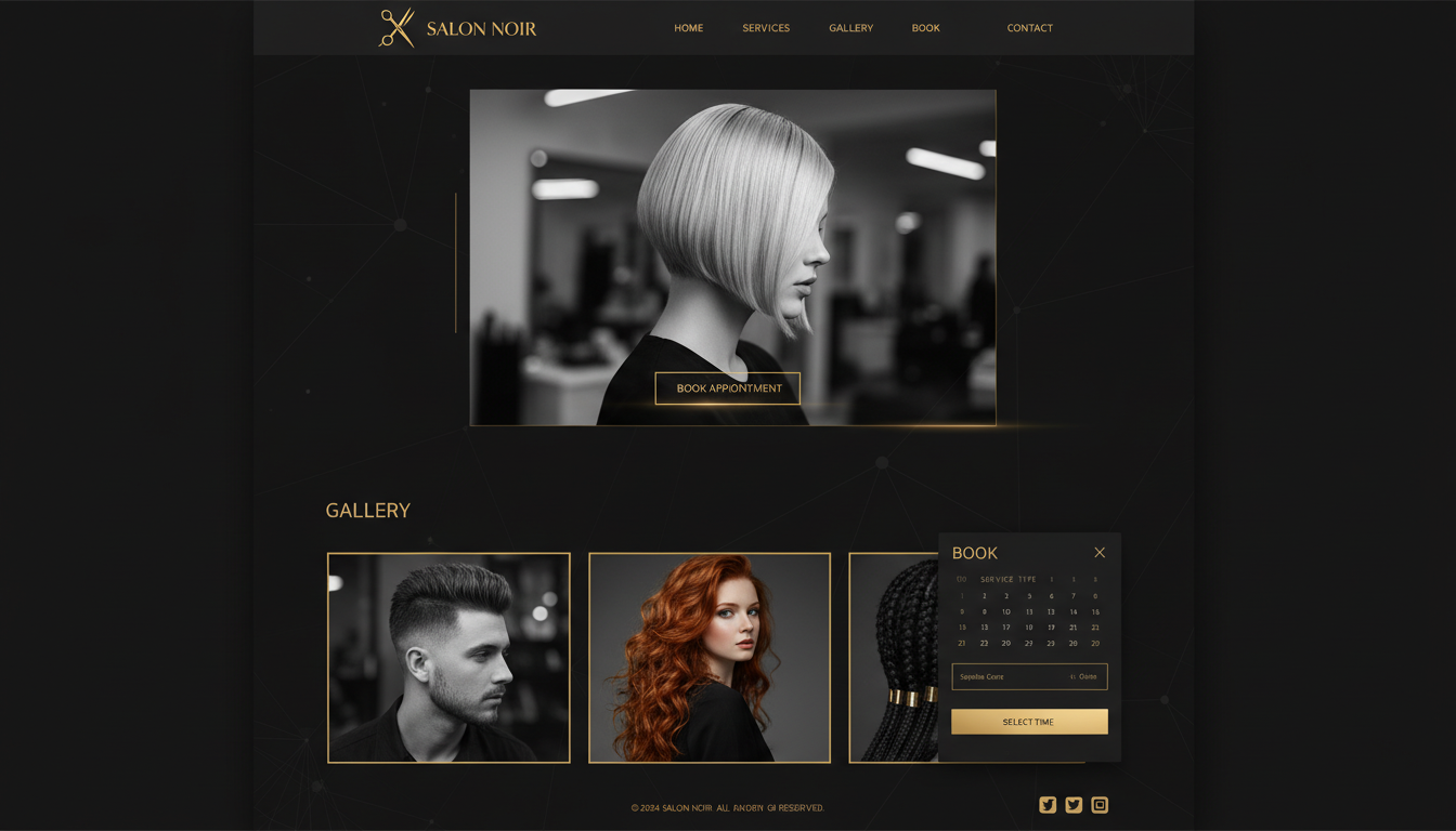 Modern website design for a chic hair salon. Dark, elegant theme with golden accents, clean photogra