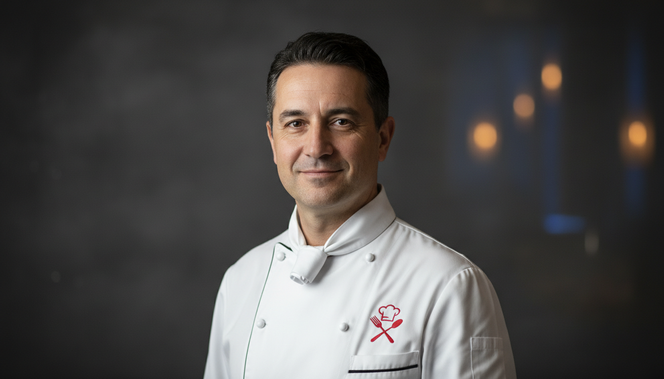 Professional headshot of a male restaurant chef, with a warm, approachable smile. Dark, sophisticate