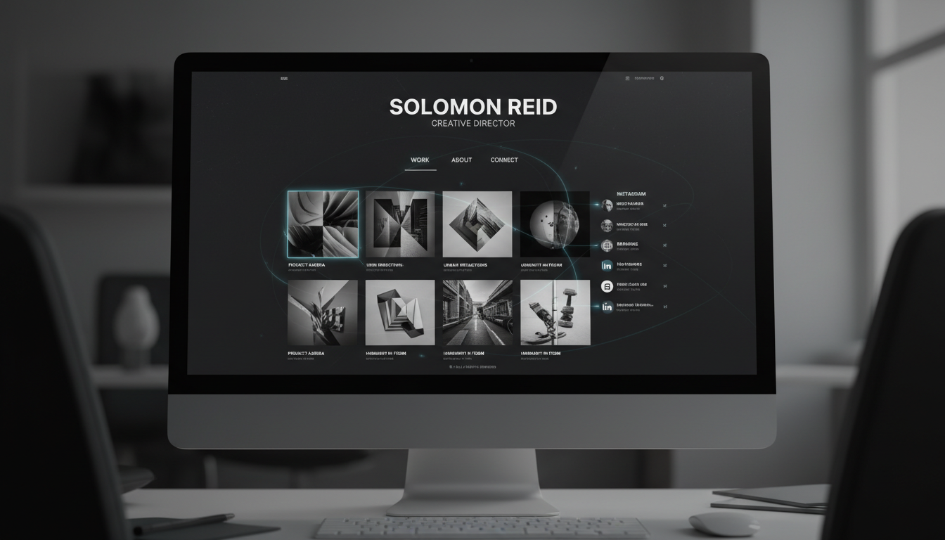 Sophisticated personal brand website for a creative professional. Dark, minimalist design with bold