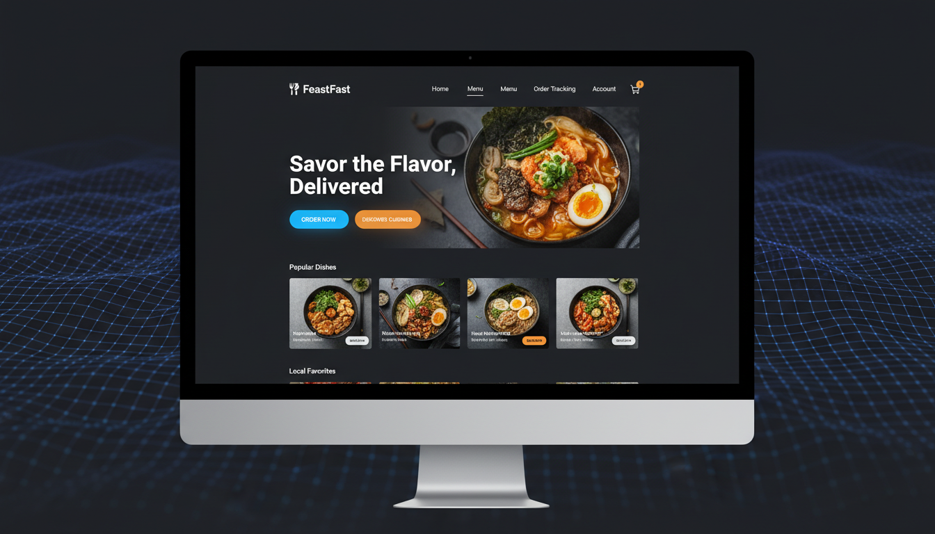 User-friendly website design for a modern food delivery business. Dark mode interface with clear ord