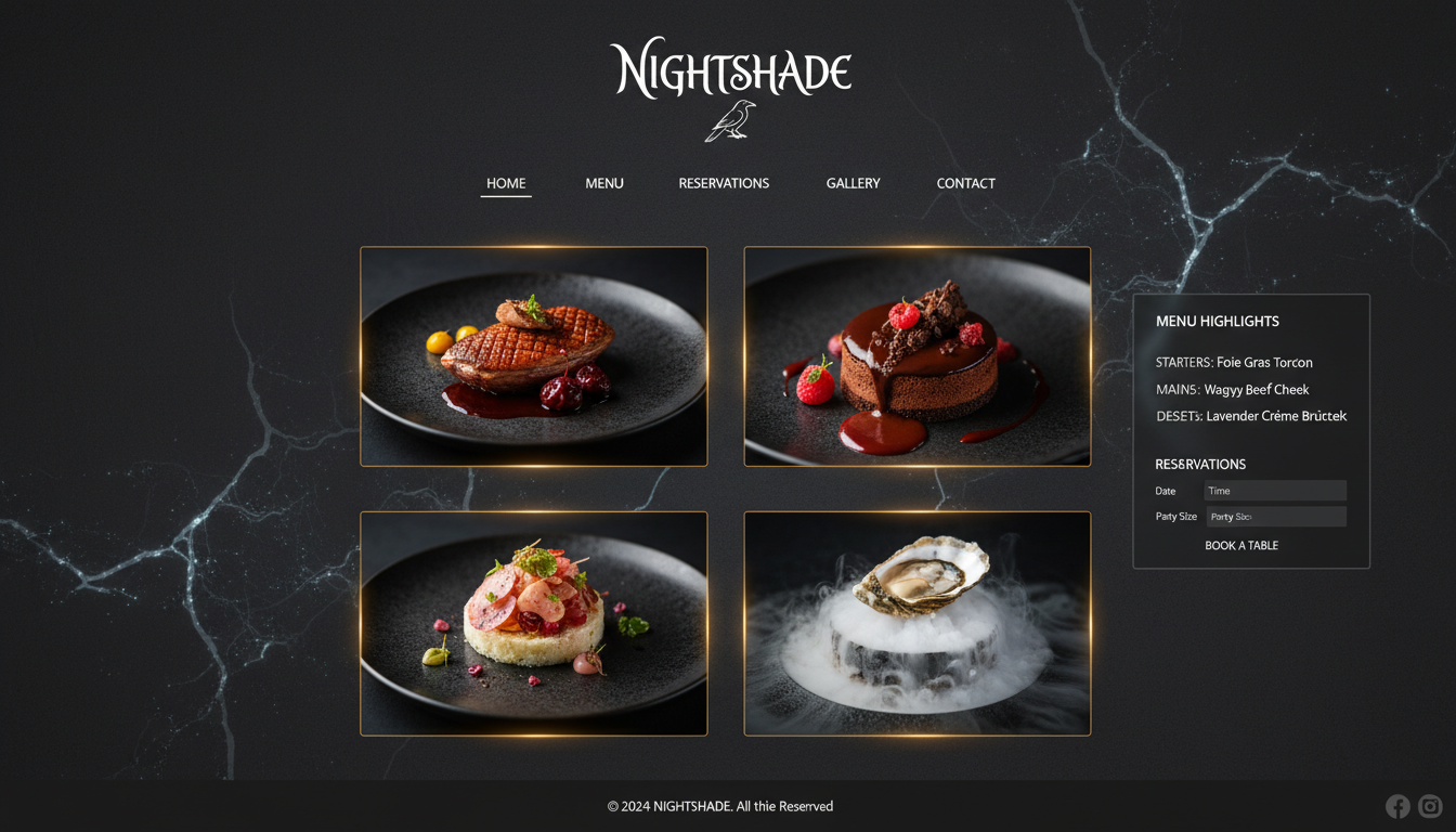 Visually striking website design for a high-end restaurant. Dark, moody ambiance with gourmet food p