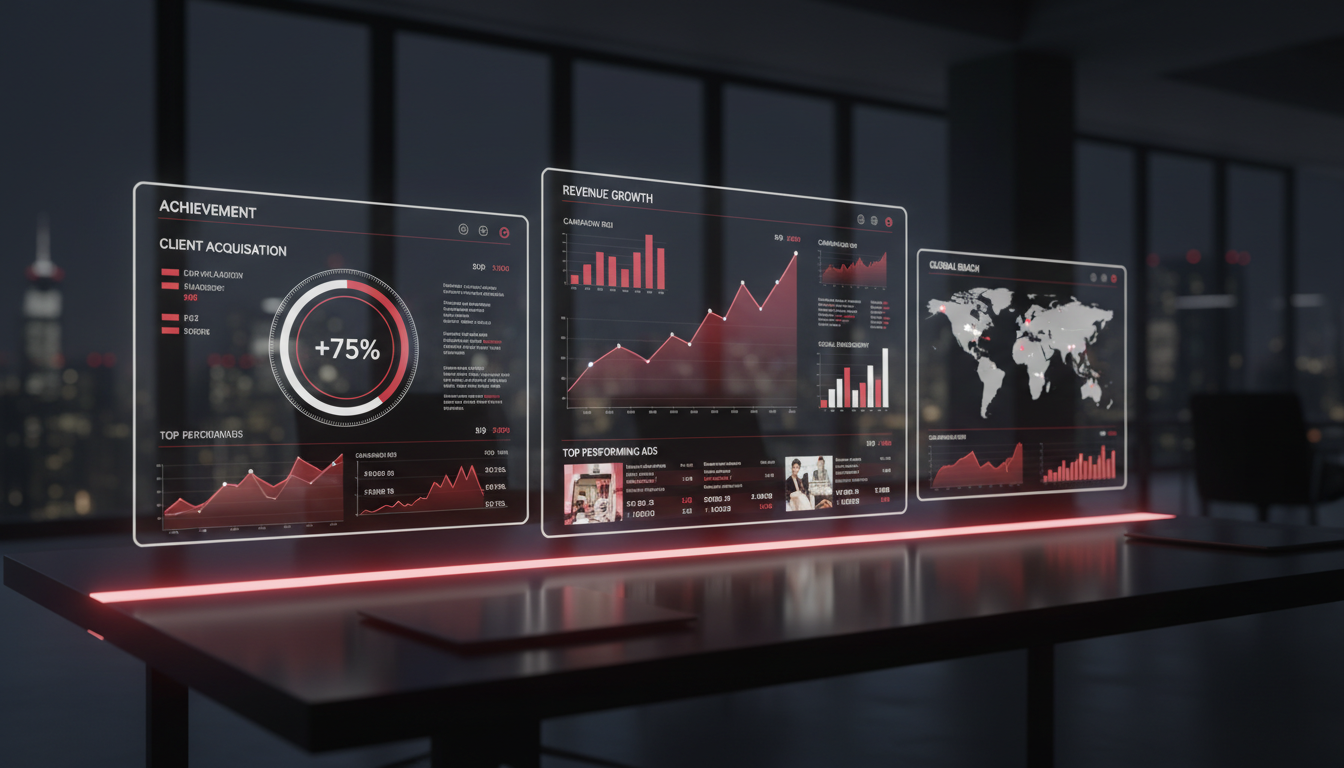 A high-tech agency dashboard interface displaying growth metrics and digital marketing success graph