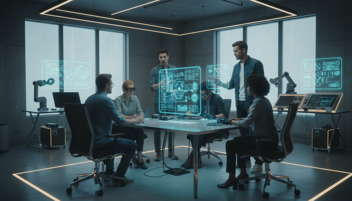 Professional team members collaborating in a modern studio environment, soft lighting, focus on tech