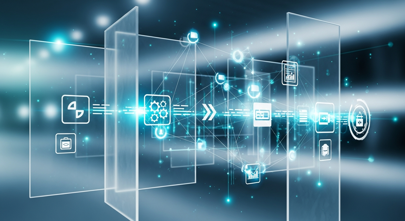 Abstract visualization of business process automation, digital flow icons, elegant glassmorphism, so
