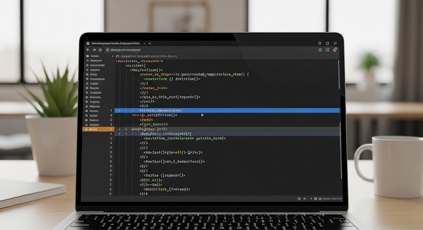 Close-up of clean, organized code on a laptop screen, subtle bokeh, professional web development env