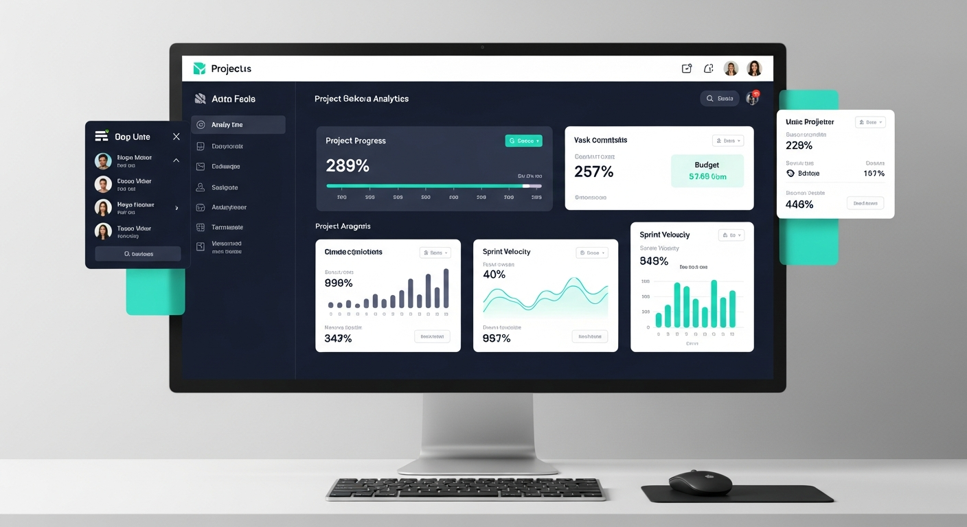 Team collaboration interface showing project dashboard, modern software analytics tools, clean UX de