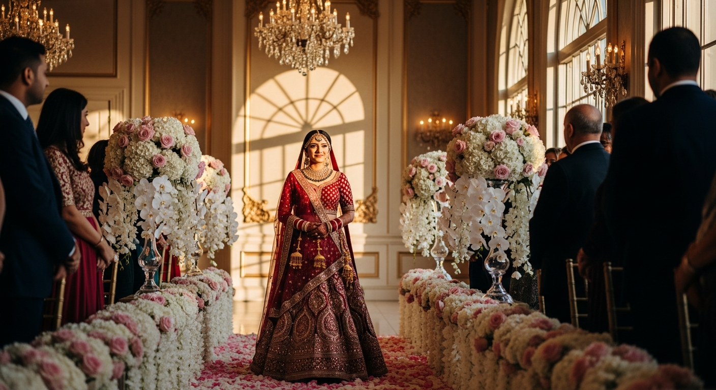 A bride walking down the aisle during her wedding