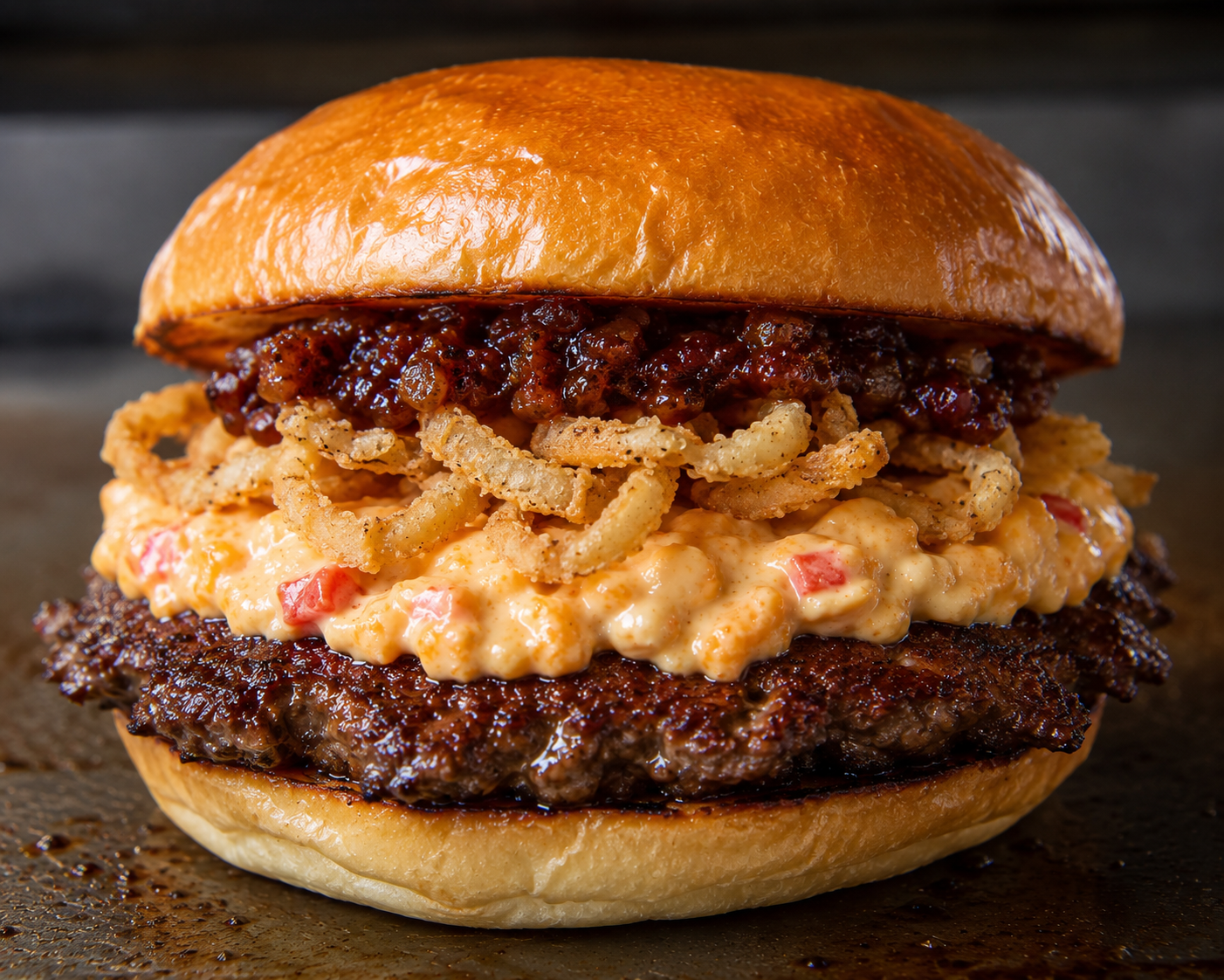 A large BBQ bacon smash burger with onion rings