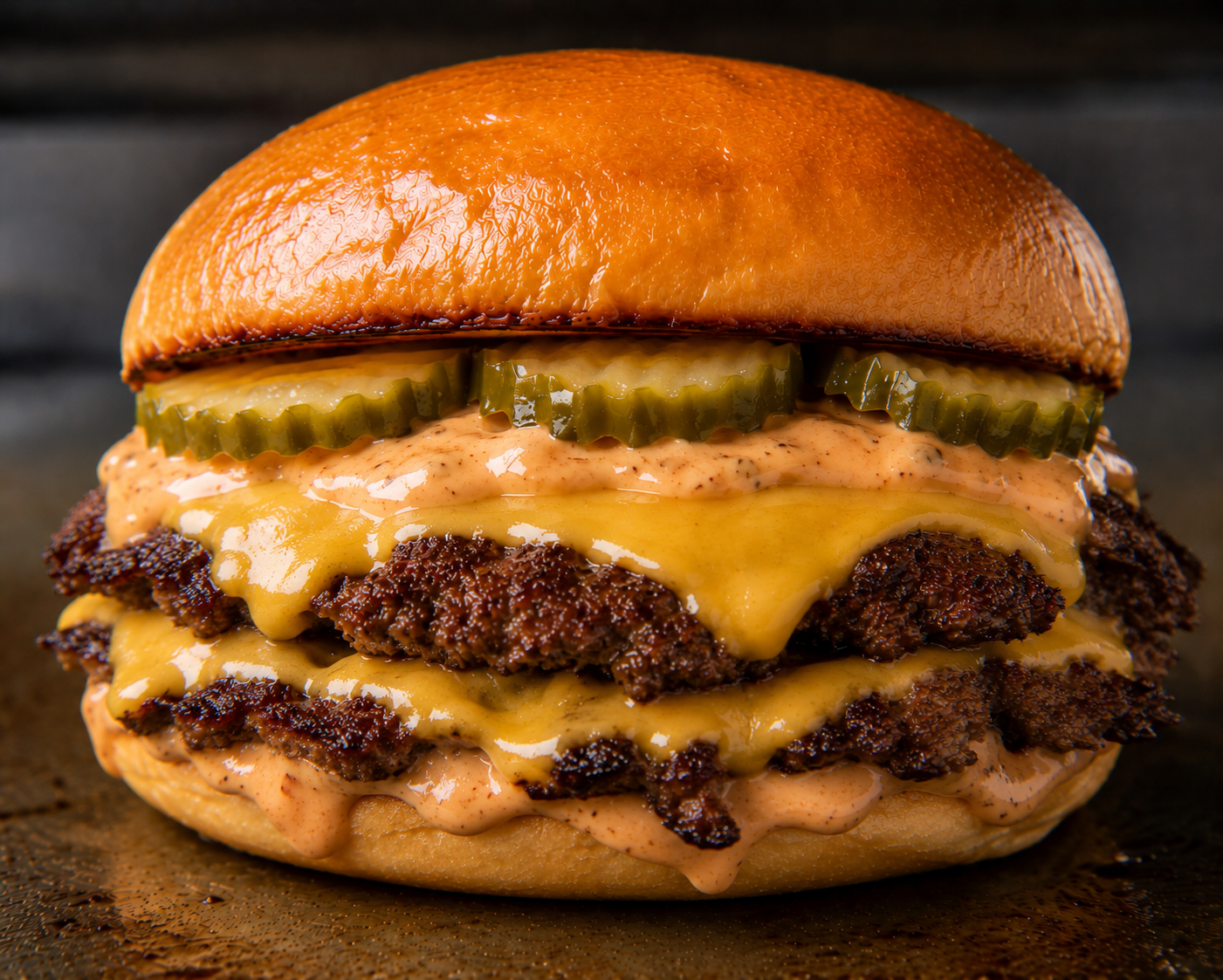 A classic smash burger with cheese, lettuce, and tomato