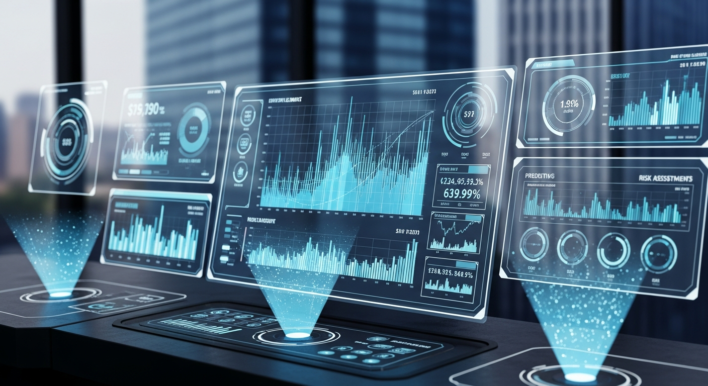 A hyper-realistic close-up view of a high-tech financial cockpit dashboard, featuring glowing data v
