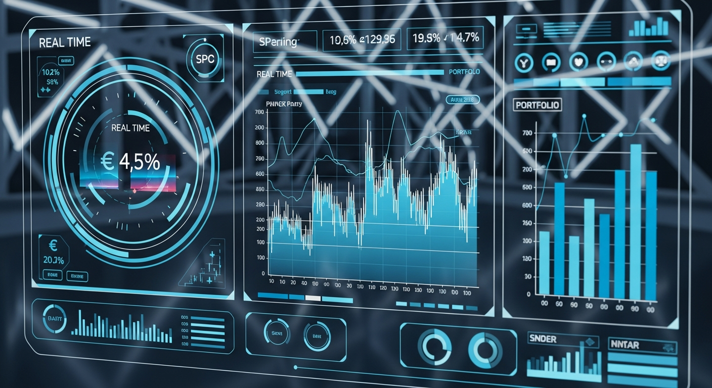 A hyper-realistic close-up view of a high-tech financial cockpit dashboard, featuring glowing data v