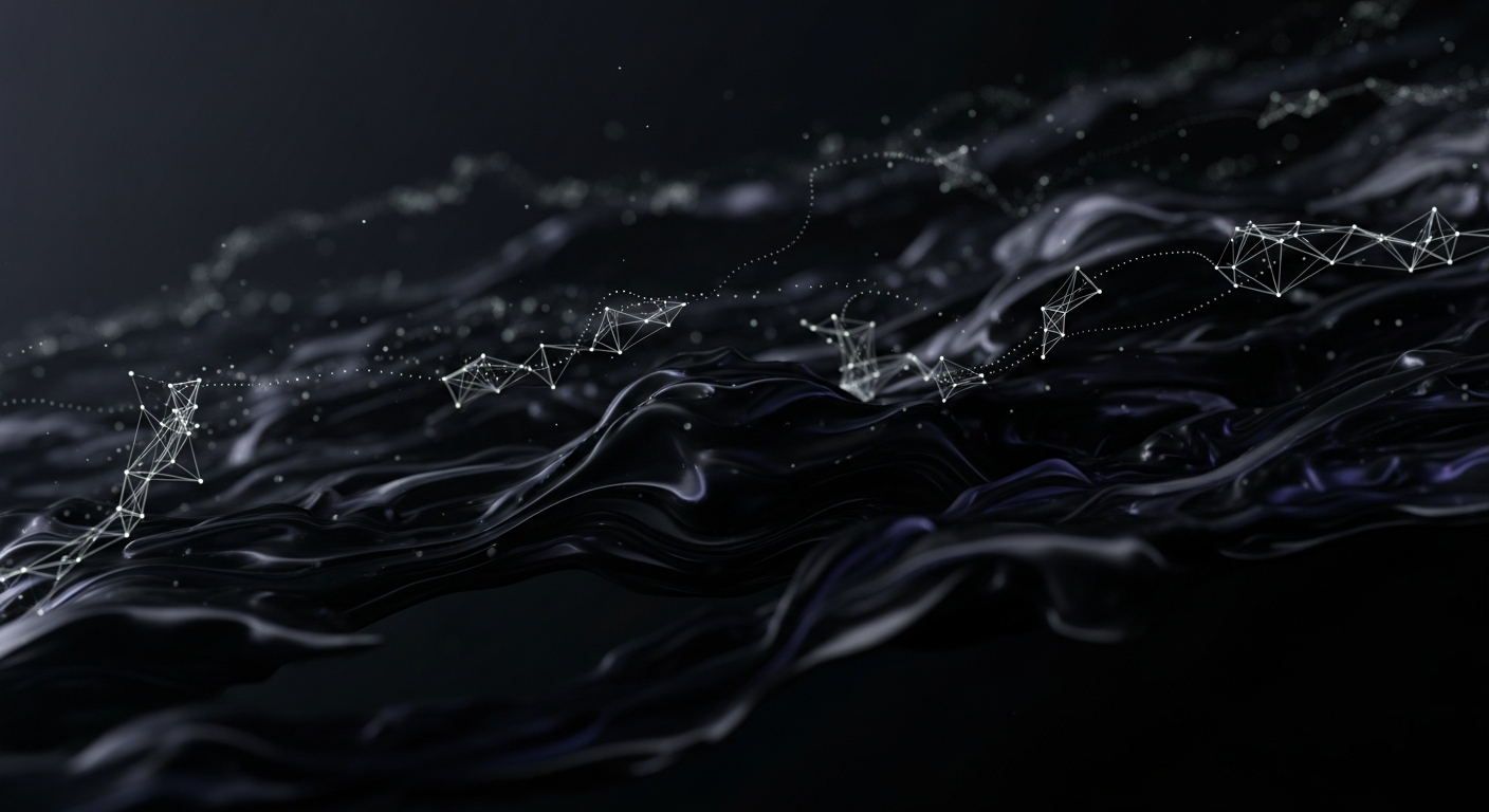 Abstract dark motion graphic background with subtle geometric particles and flowing fluid textures.