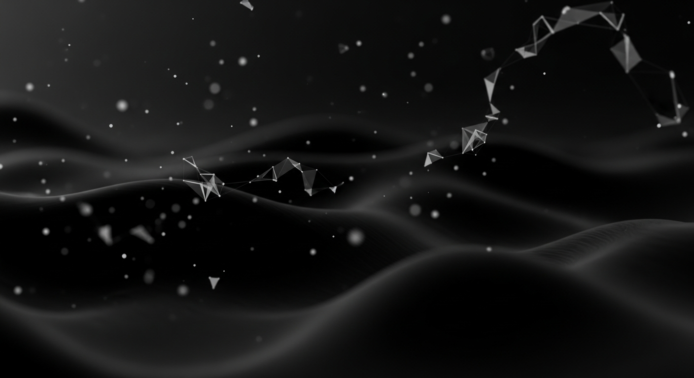 Abstract dark motion graphic background with subtle geometric particles and flowing fluid textures.
