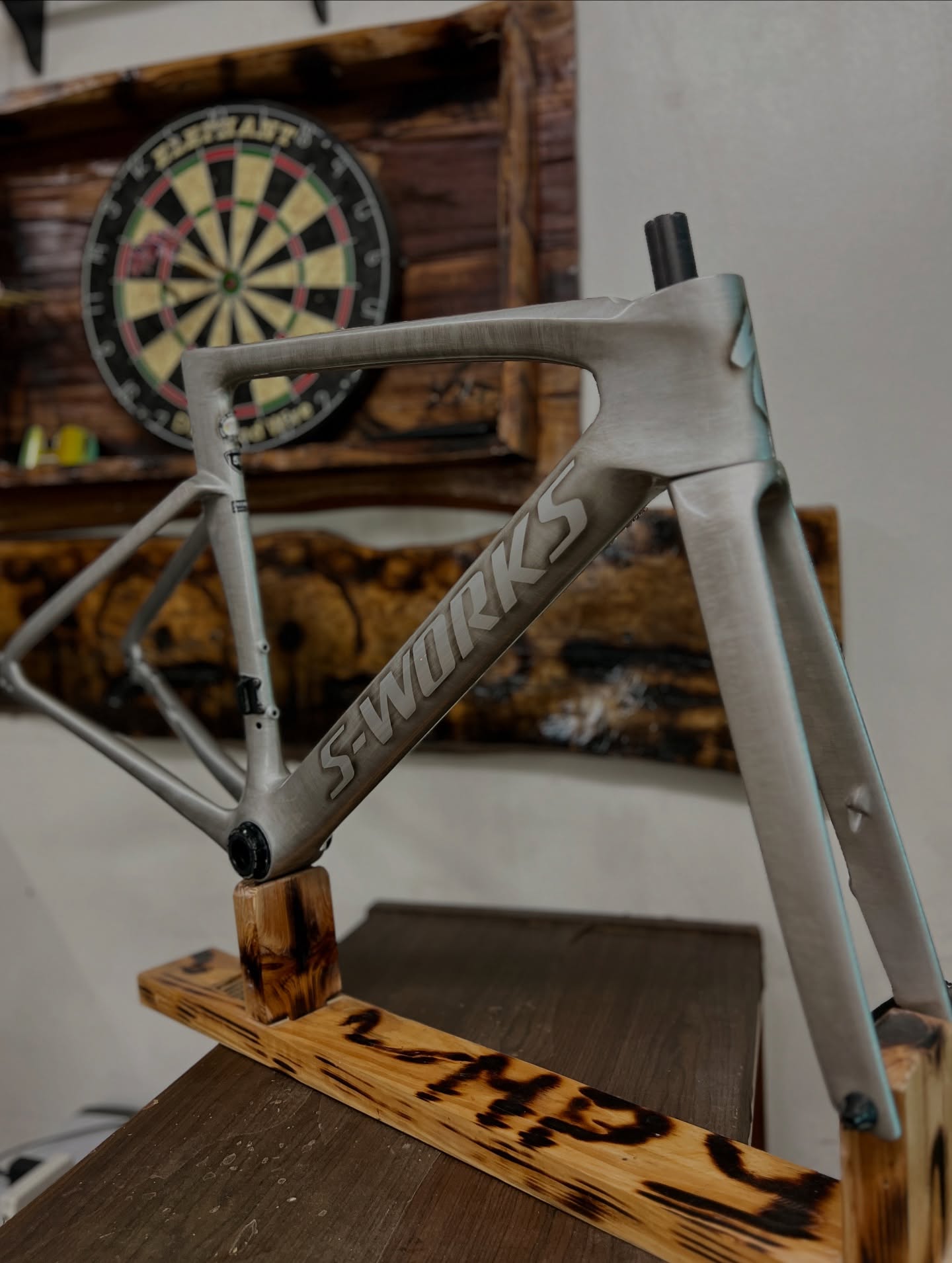 Custom painted mountain bike frame with artistic design