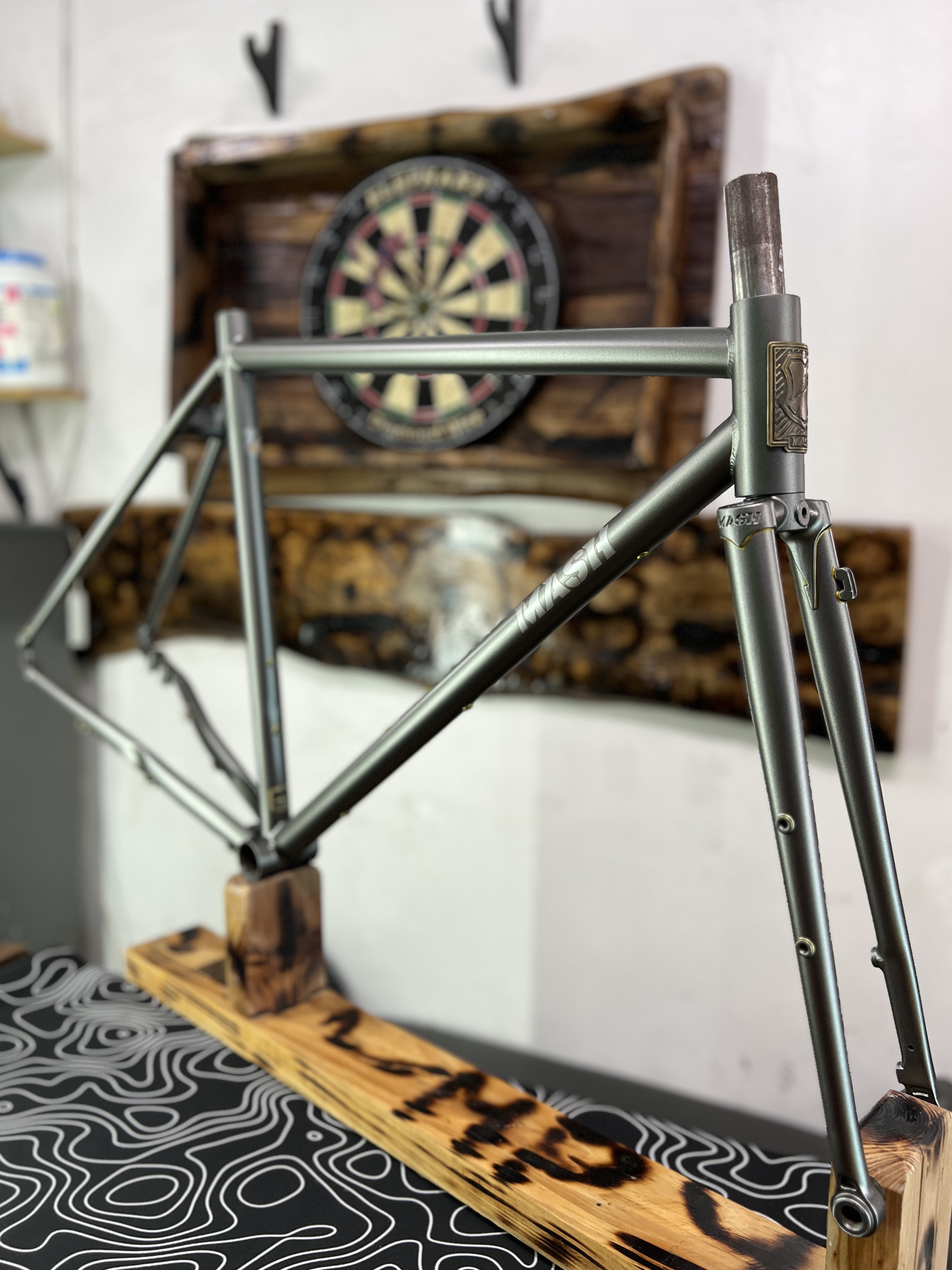 Custom painted track bike frame with bold graphics